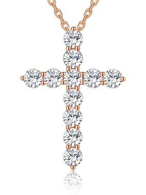 Women Rose Gold Sterling Moissanite Cross Lobster Christian Religious Necklace